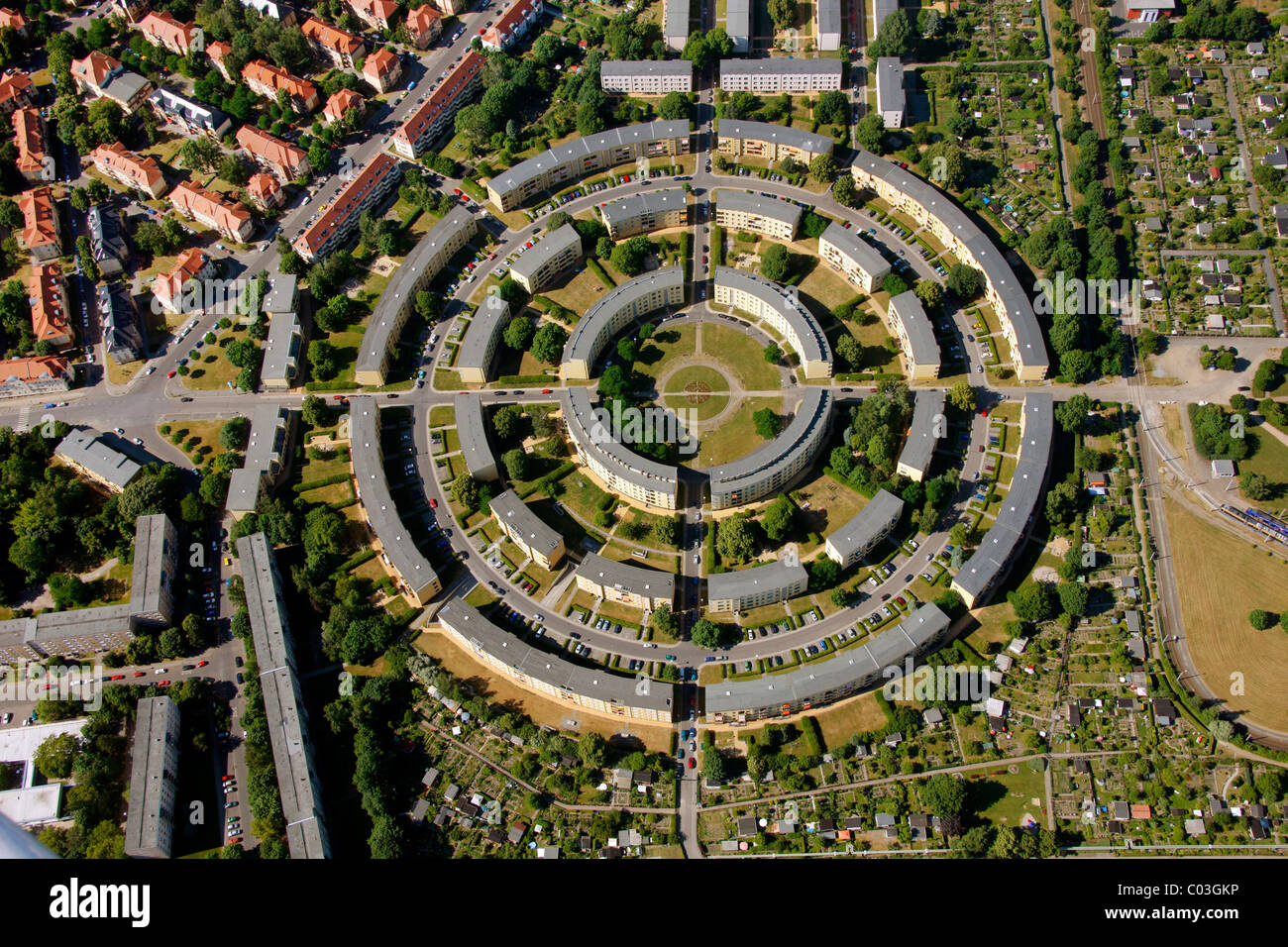 Aerial view, round housing estate, Loessnig, Connewitz, Leipzig, Saxony, Germany, Europe Stock