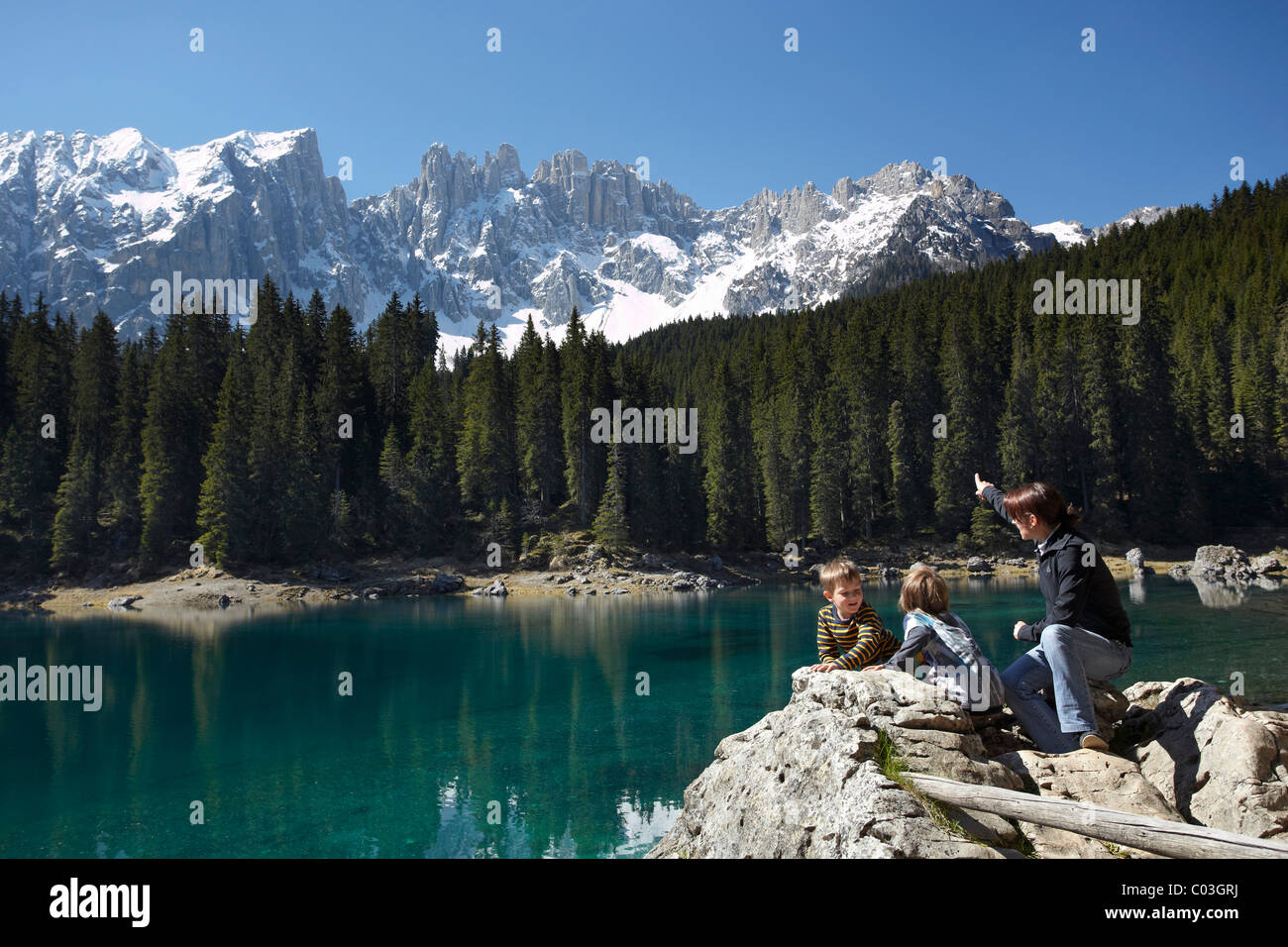 Karersee lake, Lago di Carezza, Latemar mountain, Dolomites, South Tyrol, Italy, Europe Stock Photo