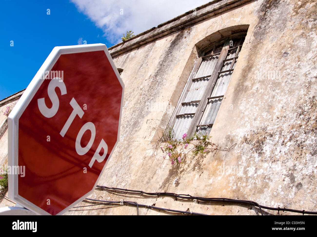 Stop sign in front of old ruins, Andalucia, Spain, Europe Stock Photo