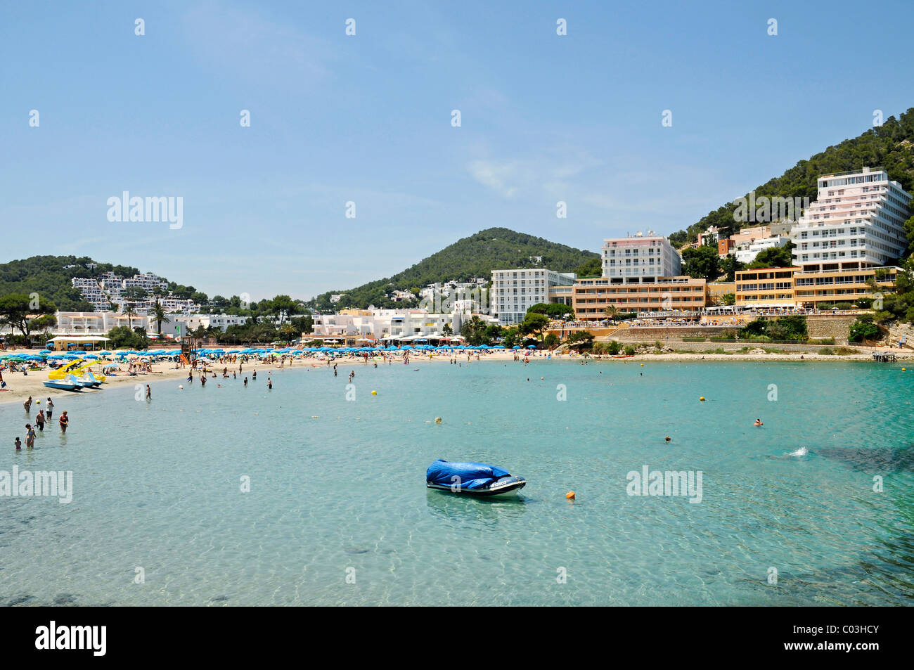Cala Llonga, beach, hotels, Santa Eulalia des Riu, Ibiza, Pityuses, Balearic Islands, Spain, Europe Stock Photo