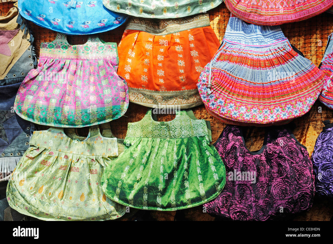 Colourful handbags, fabric, Las Dalias hippy market, Sant Carles de Peralta, San Carlos, Ibiza, Pityuses, Balearic Islands Stock Photo