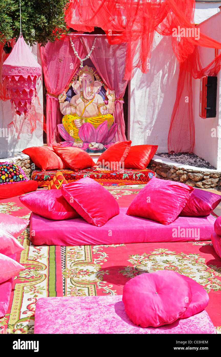 Red colourful blankets towels pillows fabrics cushions Las Dalias hippy market Sant Carles de Peralta San Carlos Ibiza Stock Photo Alamy
