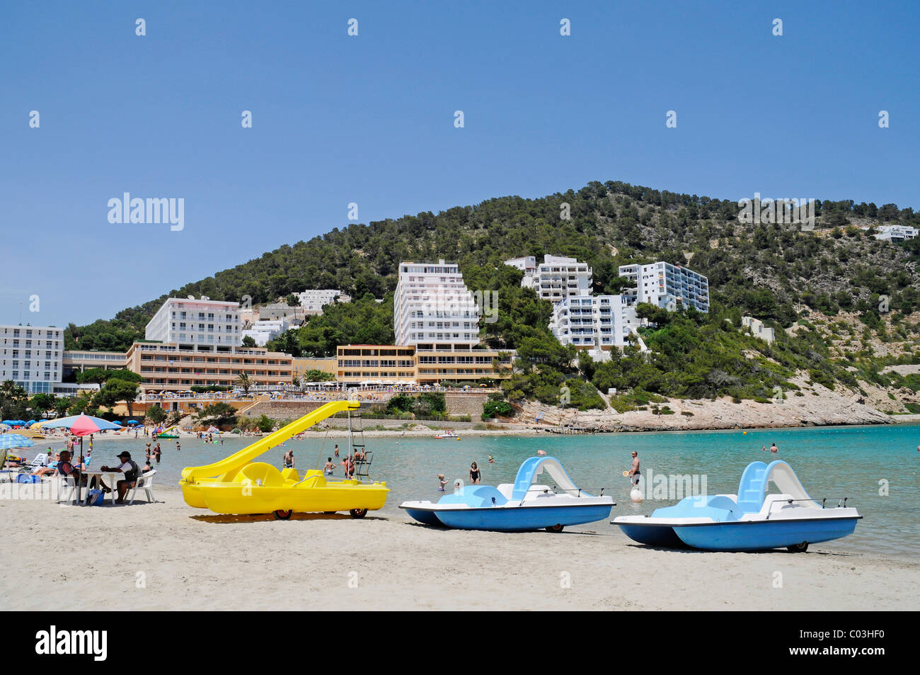 Boats, hotels, Cala Llonga, beach, Santa Eulalia des Riu, Ibiza, Pityuses, Balearic Islands, Spain, Europe Stock Photo