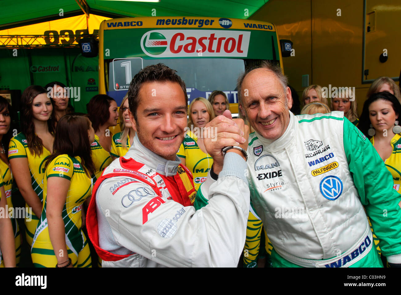 ADAC Truck Grand Prix Nuerburgring 2010, German racing drivers Timo Scheider, on the left, and Hans-Joachim Stuck Stock Photo