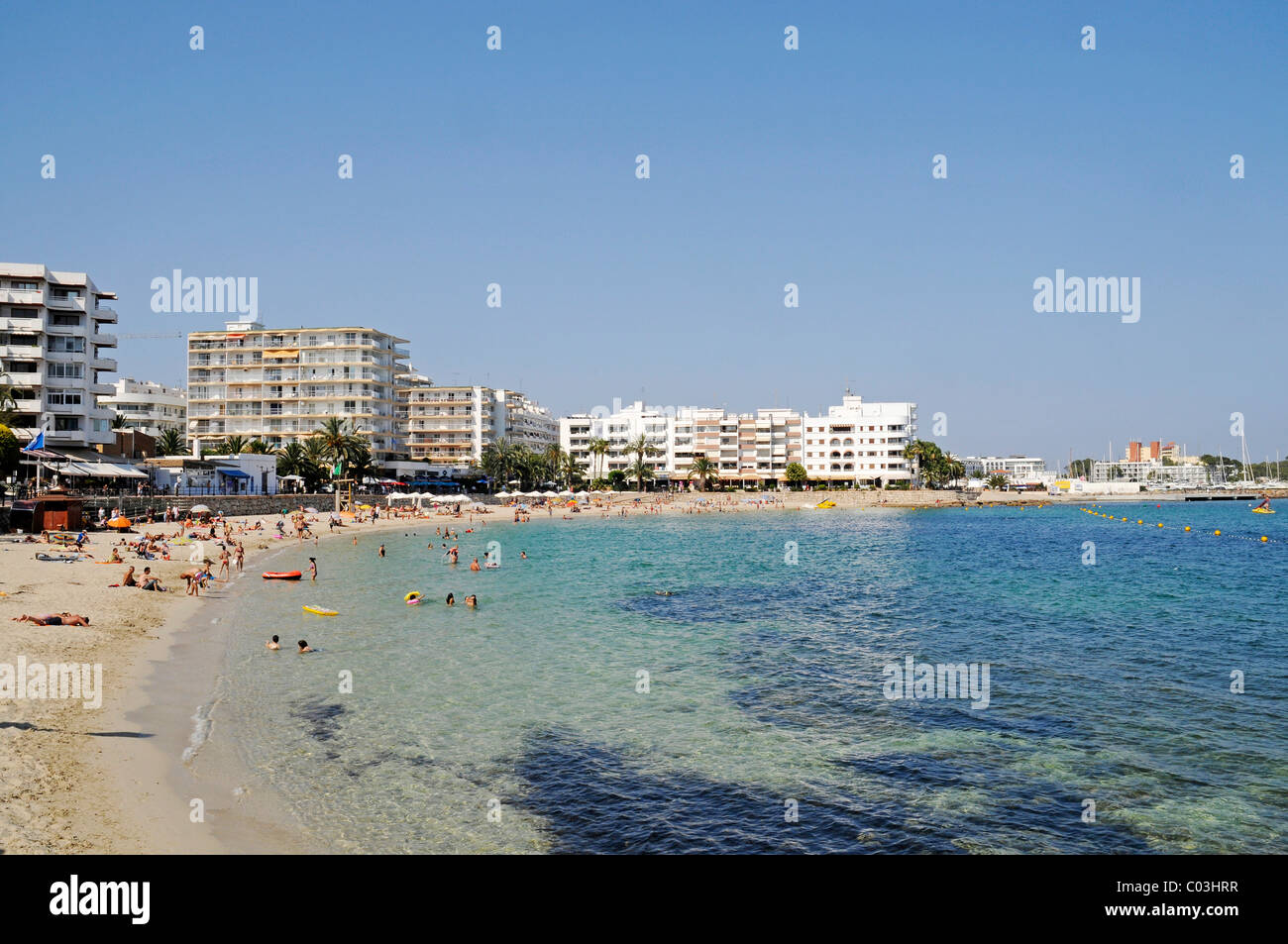 Beach, hotels, high-rise buildings, Santa Eulalia des Riu, Ibiza, Pityuses, Balearic Islands, Spain, Europe Stock Photo