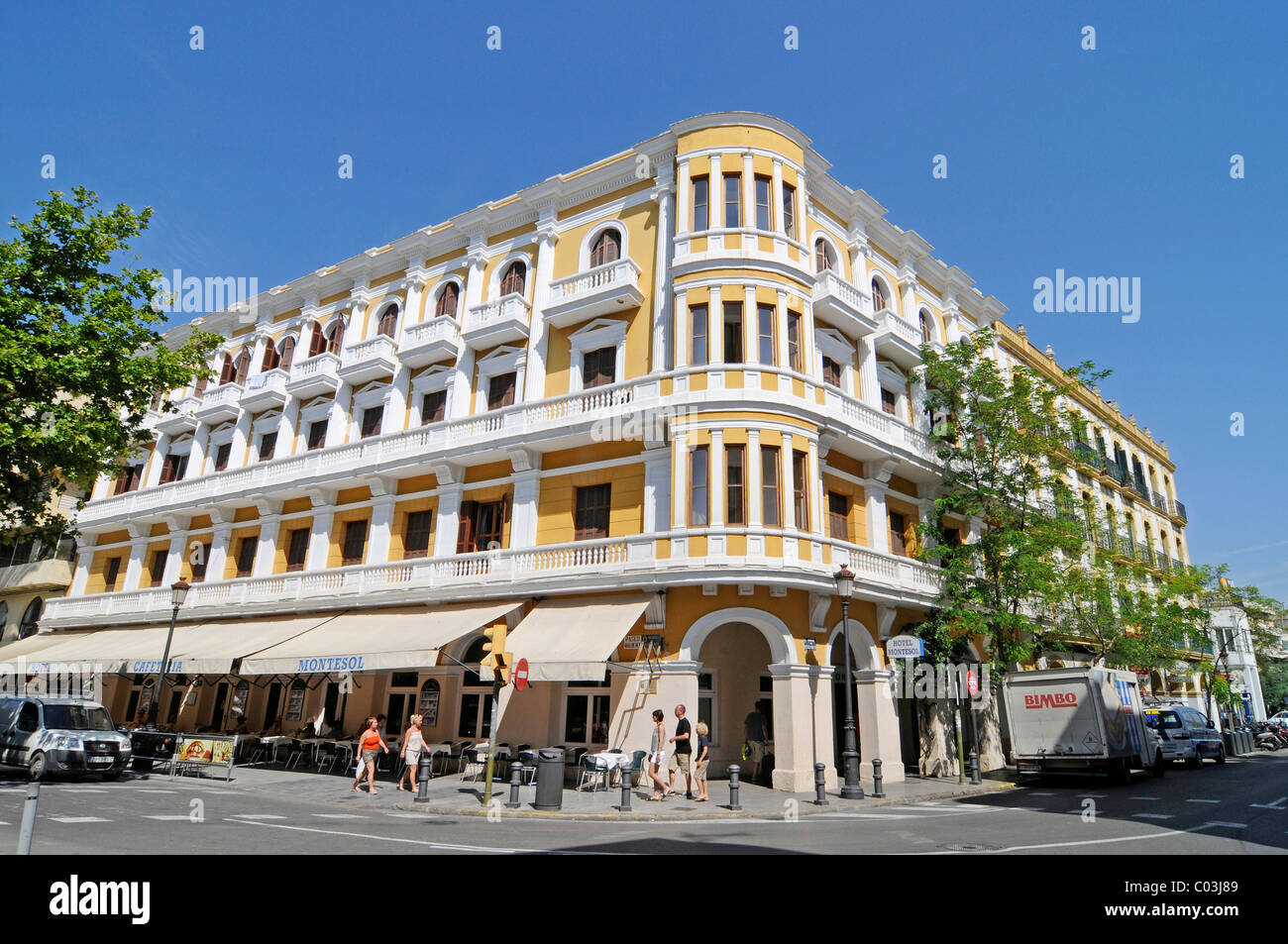 Montesol, famous cafe, hotel, Passeig de Vara de Rey, Paseo, square, Ibiza, Pityuses, Balearic Island, Spain, Europe Stock Photo