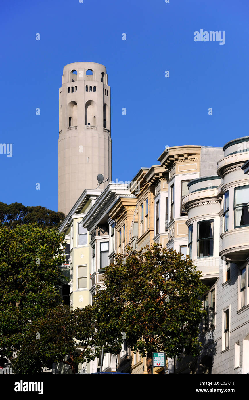 Victorian houses in front of Coit Tower, an observation tower, San Francisco, California, USA, North America Stock Photo