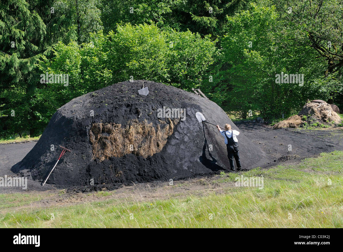A new charcoal kiln being covered with turf and sealed with coal earth