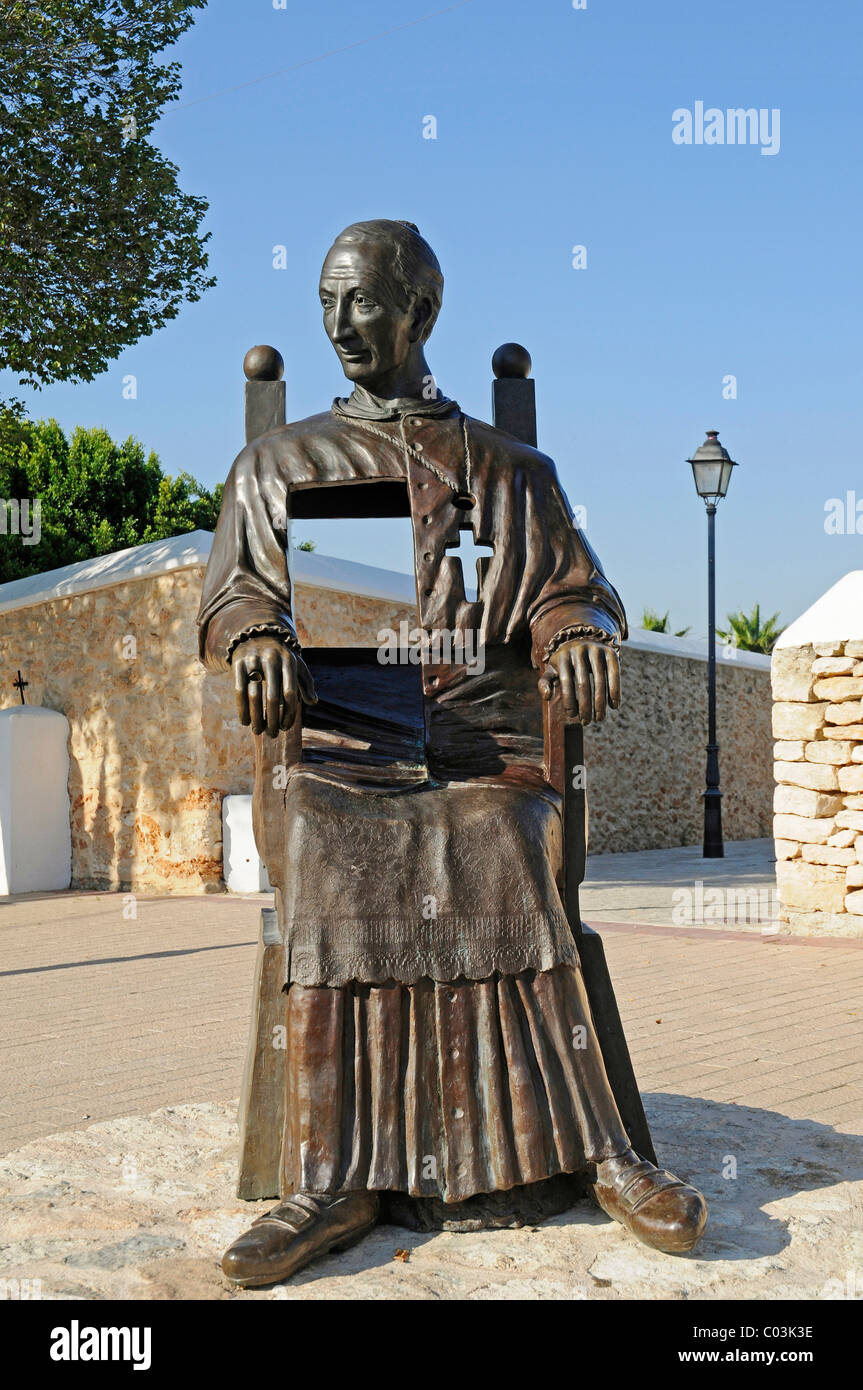 Christian dignitary, church square, sculpture, Saint Gertrude, Ibiza island, Pityuses, Balearic Islands, Spain, Europe Stock Photo