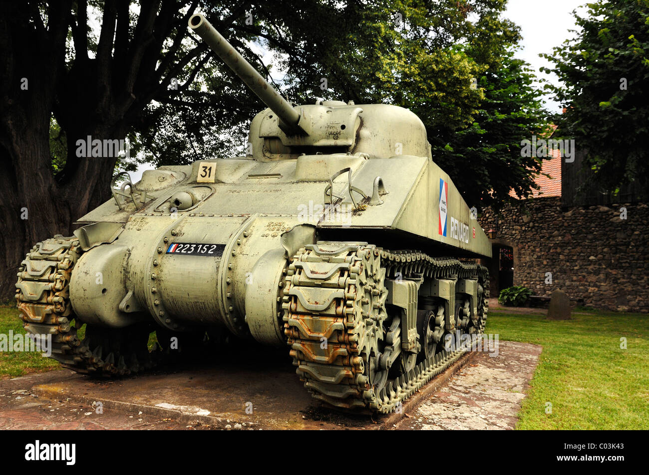 French tank memorial, Renard from World War II, 1944, in front of the city wall, Route du Vin, Kientzheim, Alsace, France Stock Photo