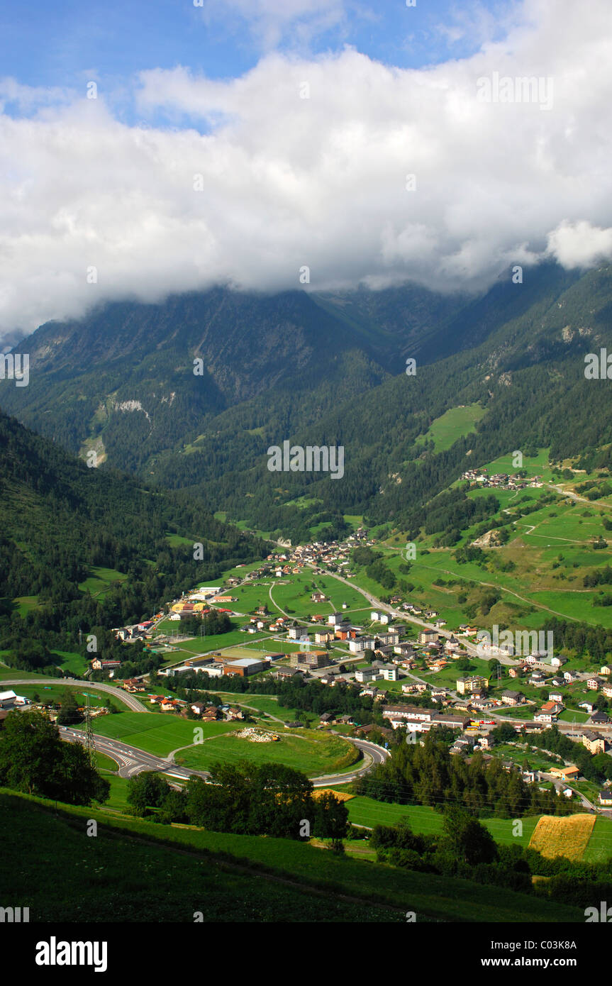 View over the town of Orsieres from the ascent to the Great St. Bernard Pass and the entrance to the Val Ferret valley, Valais Stock Photo