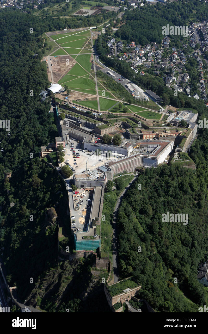 Aerial view, site of the Federal Garden Show, in the front, Ehrenbreitstein Fortress, Koblenz, Rhineland-Palatinate Stock Photo