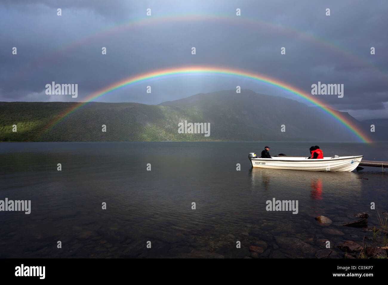 Rainbow and boat on Lake Teusajaure, Kungsleden, The King's Trail, Lapland, Sweden, Europe Stock Photo