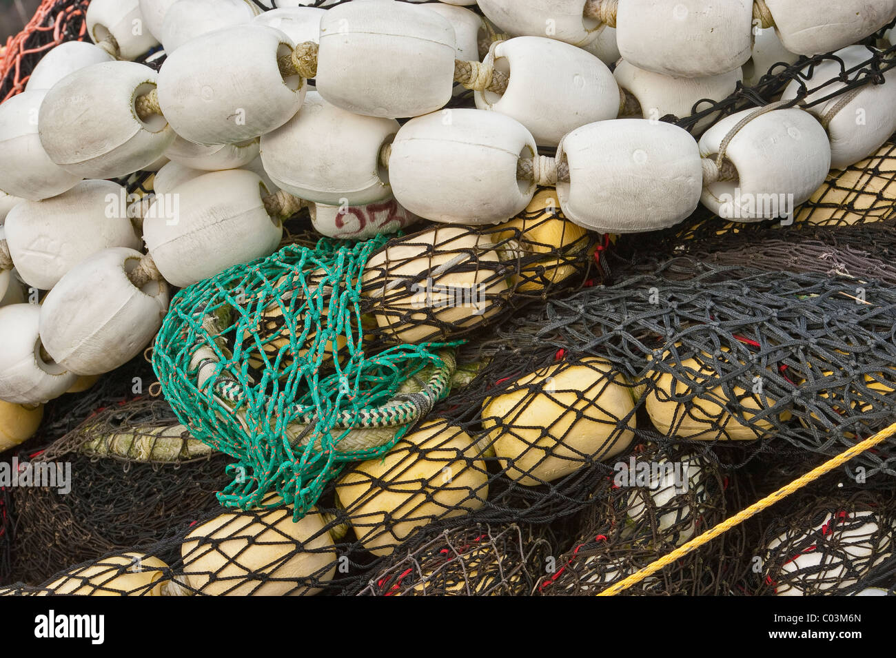 Herring and Salmon fishing seines stacked up at the Silver Bay Seafood
