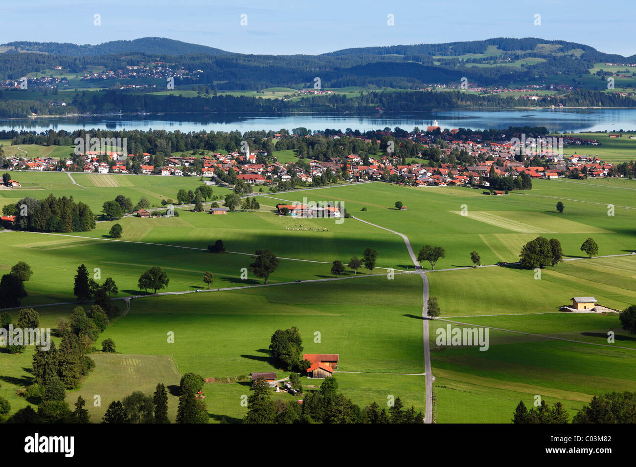 View of Schwangau and Waltenhofen with Lake Forggensee, Ostallgaeu, Allgaeu, Schwaben, Bavaria, Germany, Europe Stock Photo