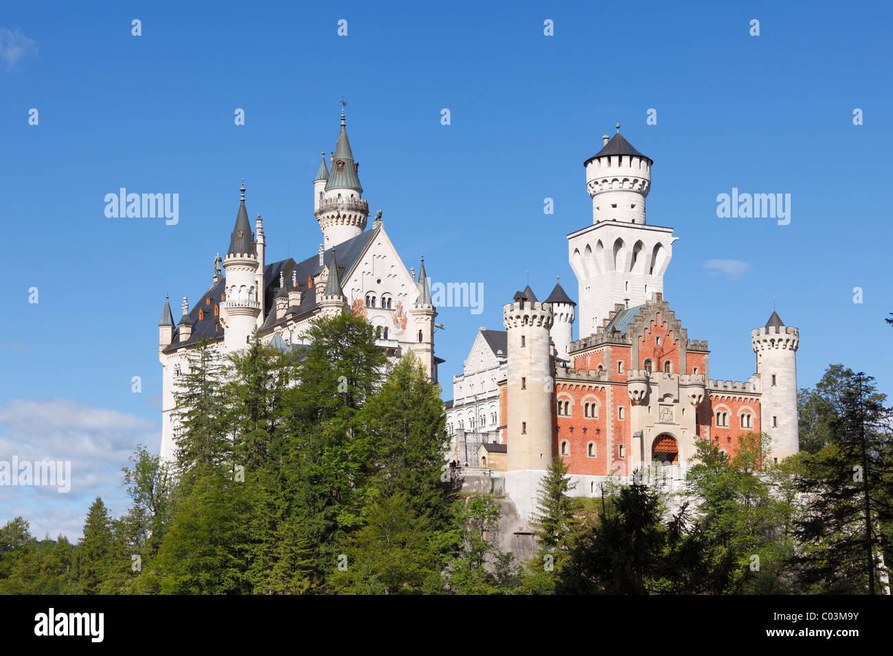 View from the east, Schloss Neuschwanstein Castle, Ostallgaeu, Allgaeu, Schwaben, Bavaria, Germany, Europe Stock Photo