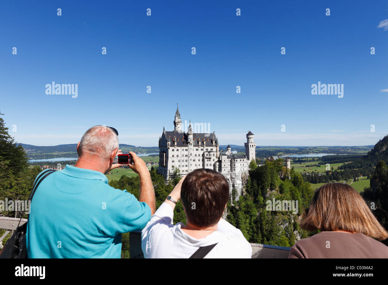 View from Mary's Bridge, Schloss Neuschwanstein Castle, Ostallgaeu, Allgaeu, Schwaben, Bavaria, Germany, Europe Stock Photo