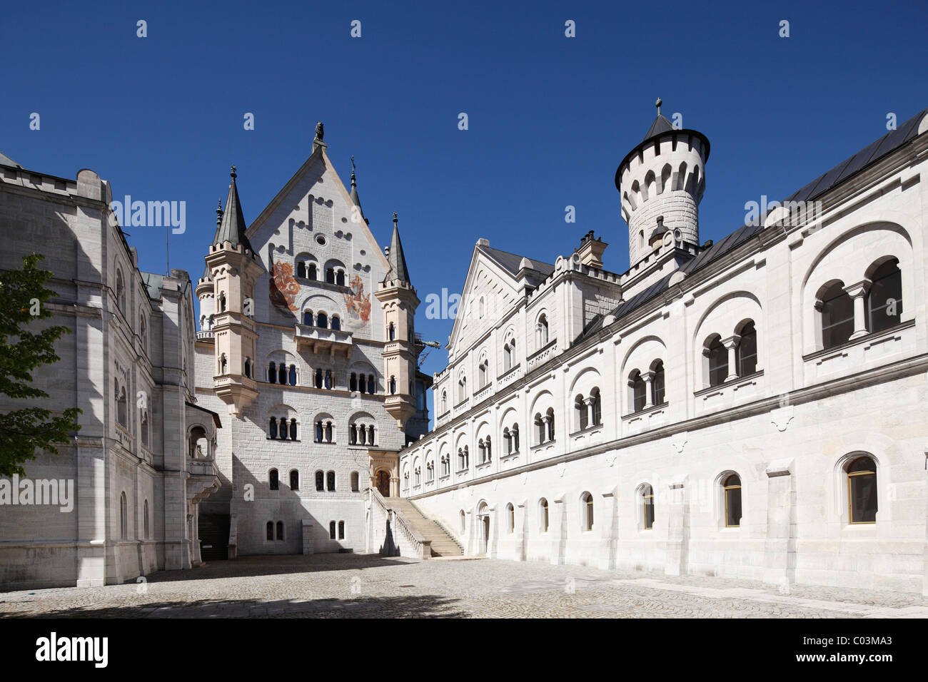 Courtyard of Schloss Neuschwanstein Castle, Ostallgaeu, Allgaeu, Schwaben, Bavaria, Germany, Europe Stock Photo