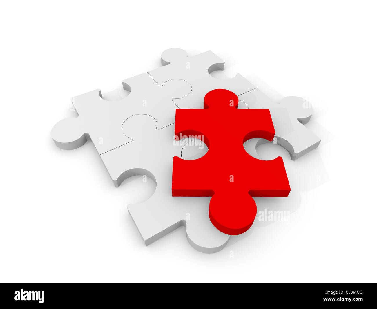 4 Puzzle pieces with a red piece on top Stock Photo
