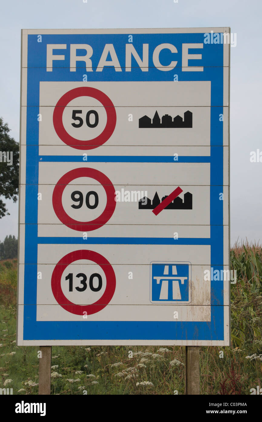 A road speed limit sign on the border between France and Belgium (this