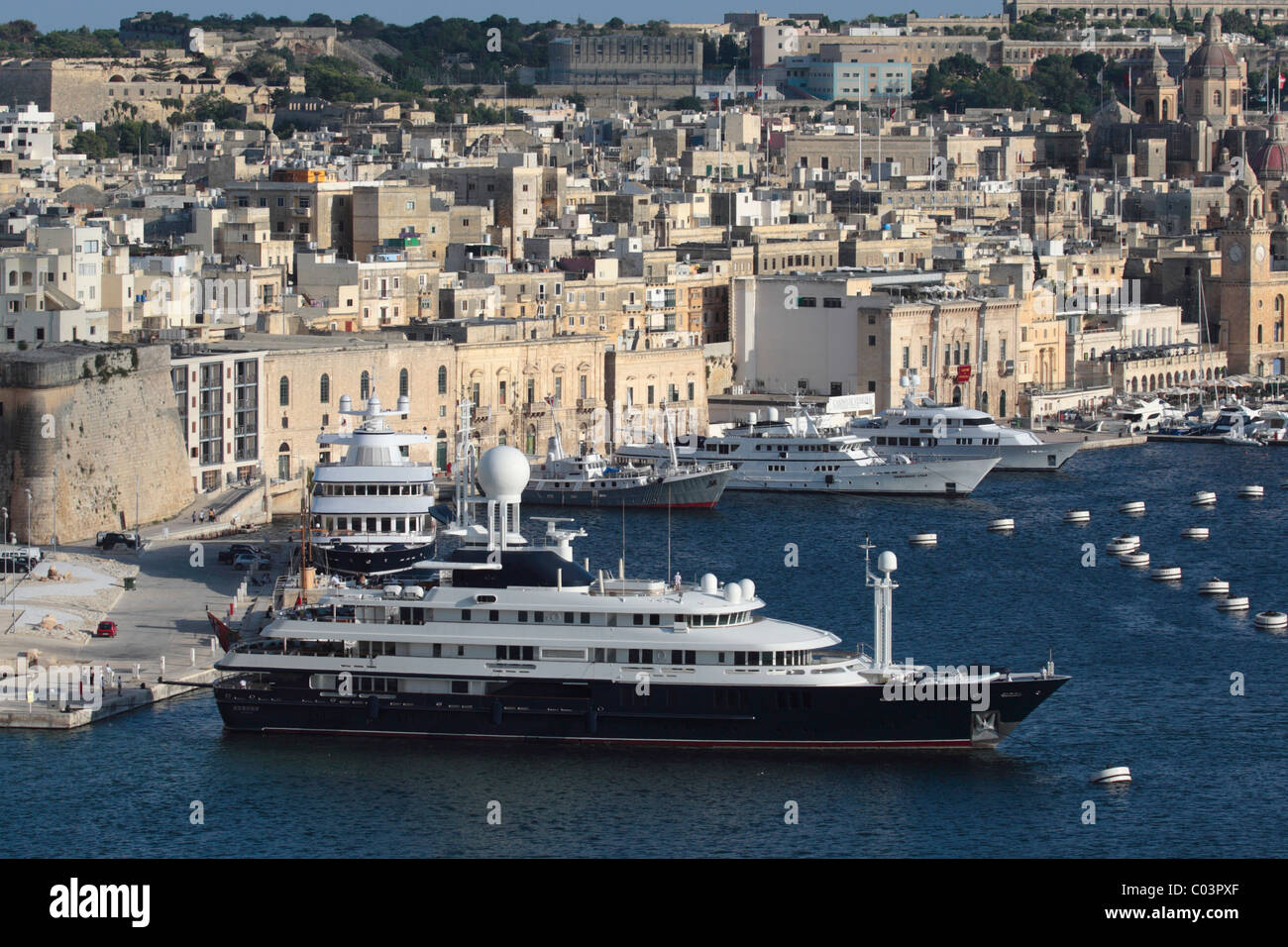 The superyacht Reborn in Malta's Grand Harbour Stock Photo
