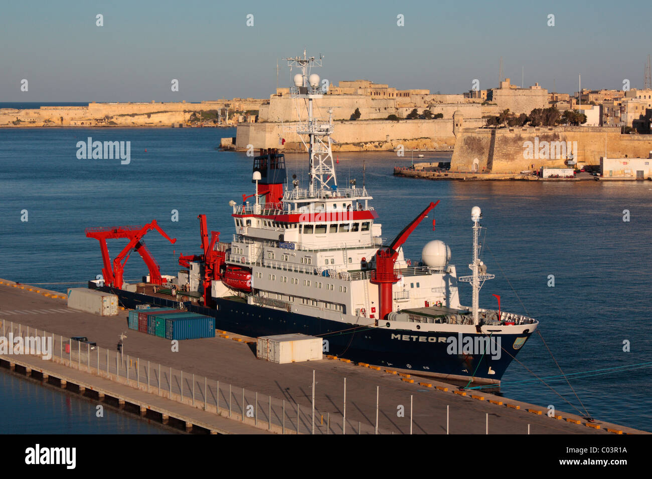 The research and survey vessel Meteor in Malta's Grand Harbour Stock Photo