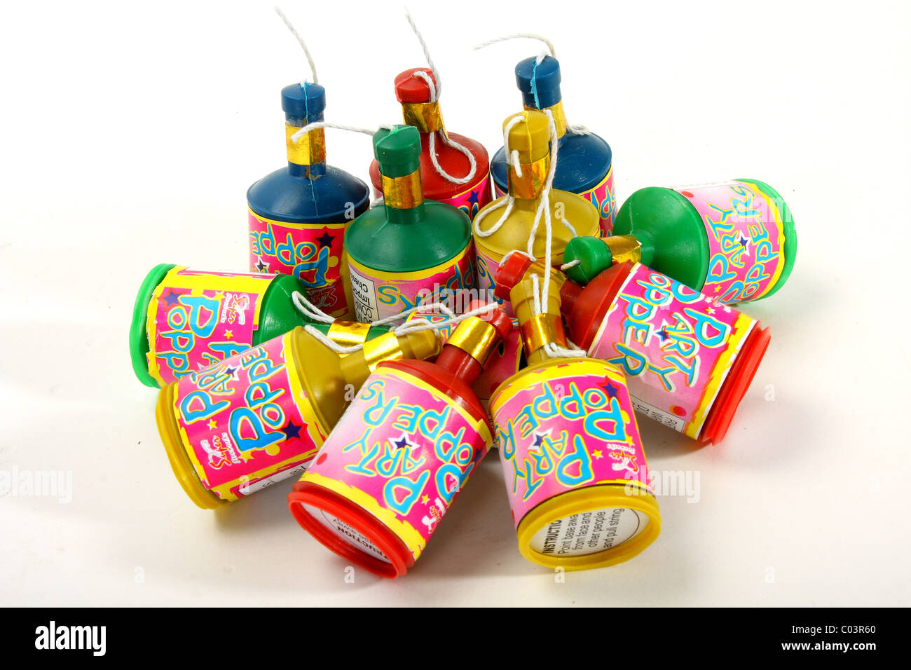 Party poppers with confetti to celebrate different occasions such as birthdays, engagement and Christmas. Stock Photo