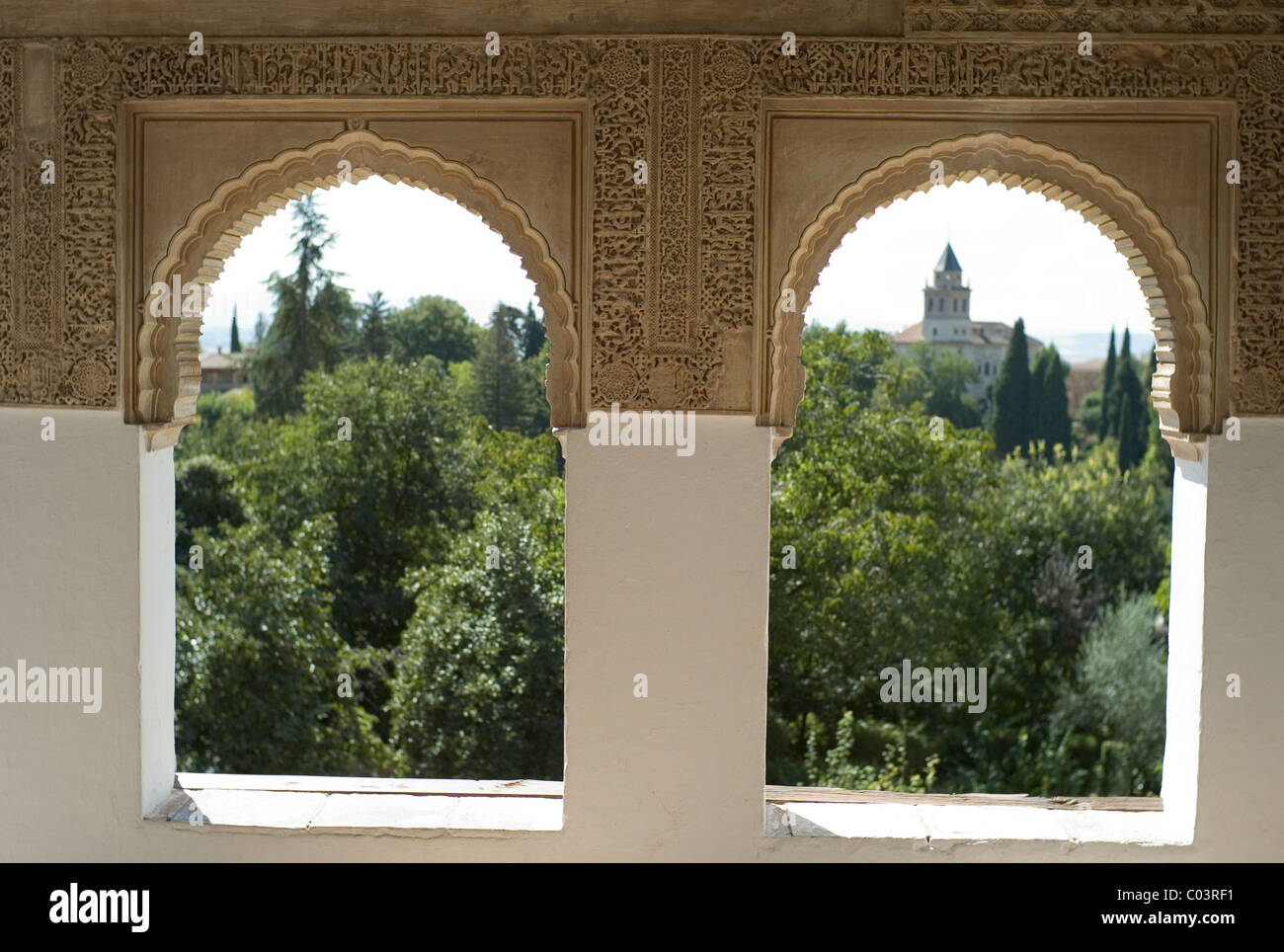 Overlooking the gardens of the Alhambra Palace, Granada, Spain Stock Photo