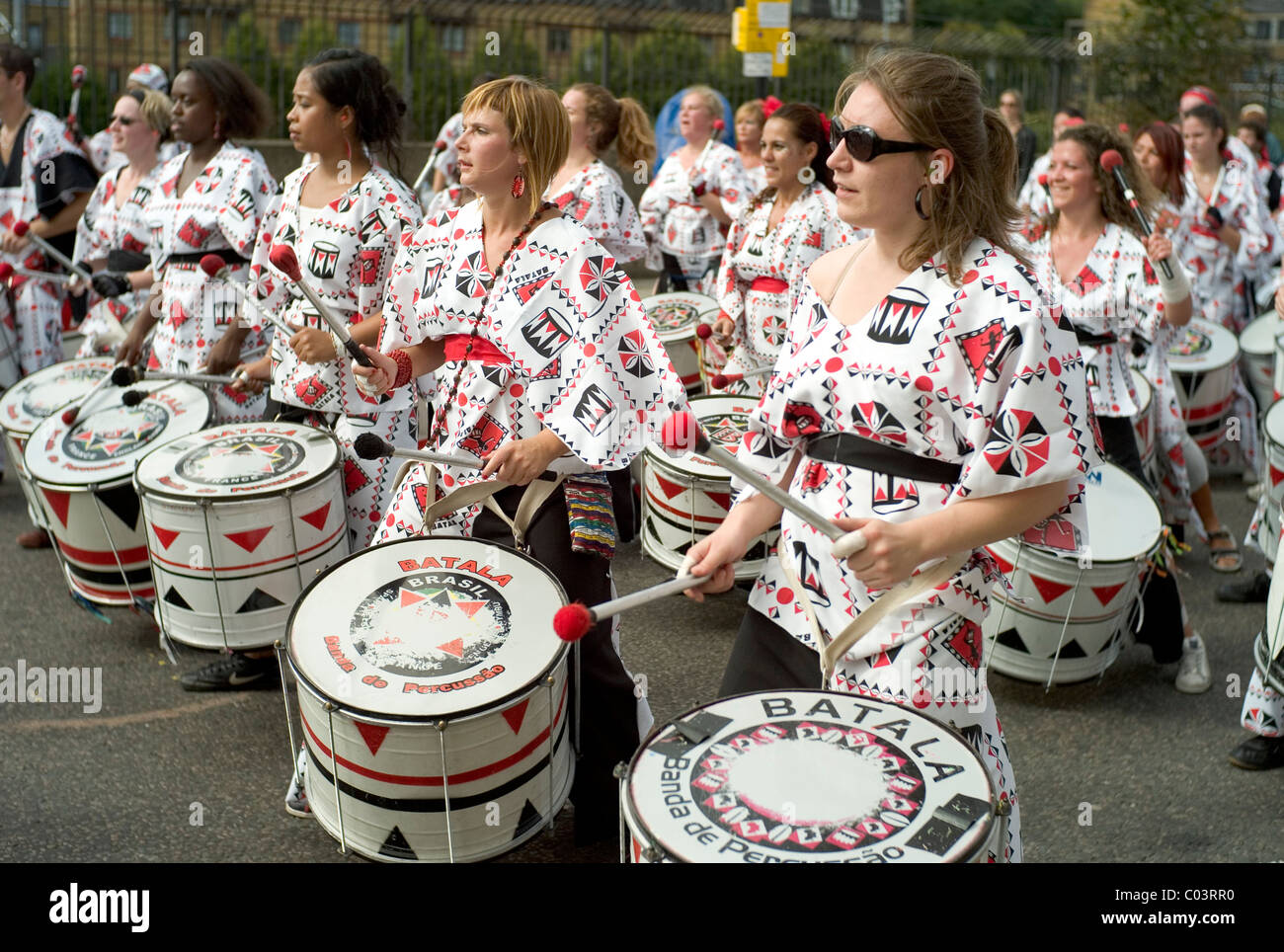 Salsa drummer band performing at the Notting Hill Carnival, London, UK Stock Photo