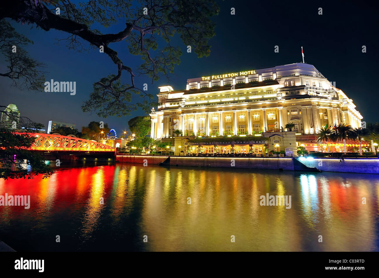 The Fullerton Hotel decked in festive lights during the Chinese New Year celebration in Singapore. Stock Photo