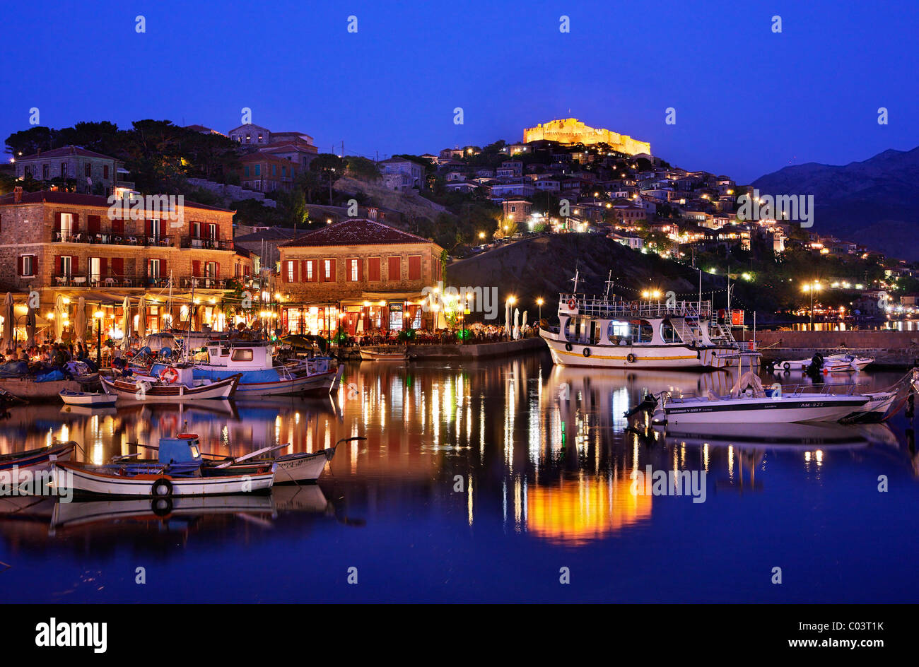 Molyvos town in Lesvos island, in the 'blue' hour. Northern Aegean, Greece Stock Photo