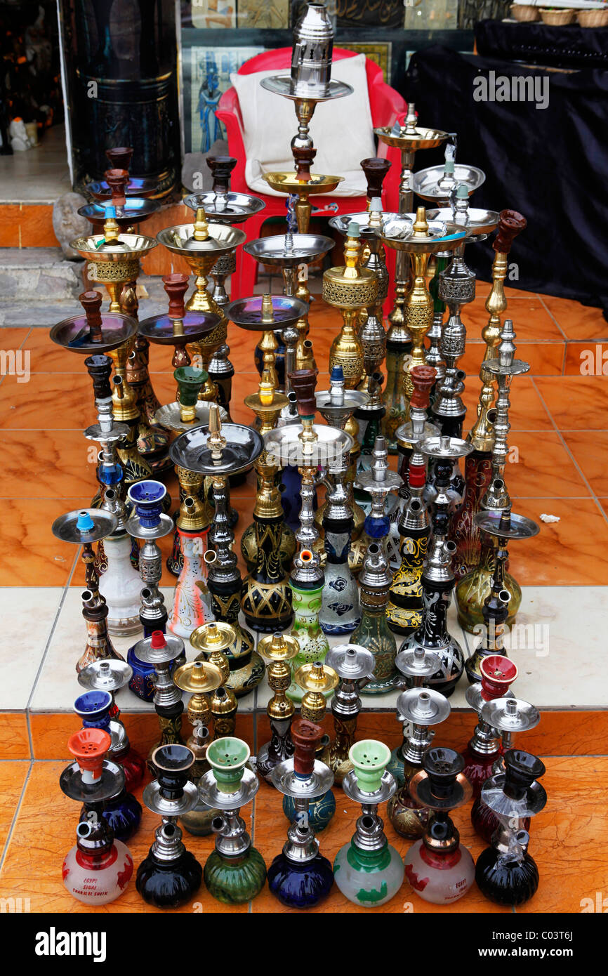 Traditional water pipes (known as Shishas or Hookahs) on sale in Sharm el Sheikh, Egypt. Stock Photo