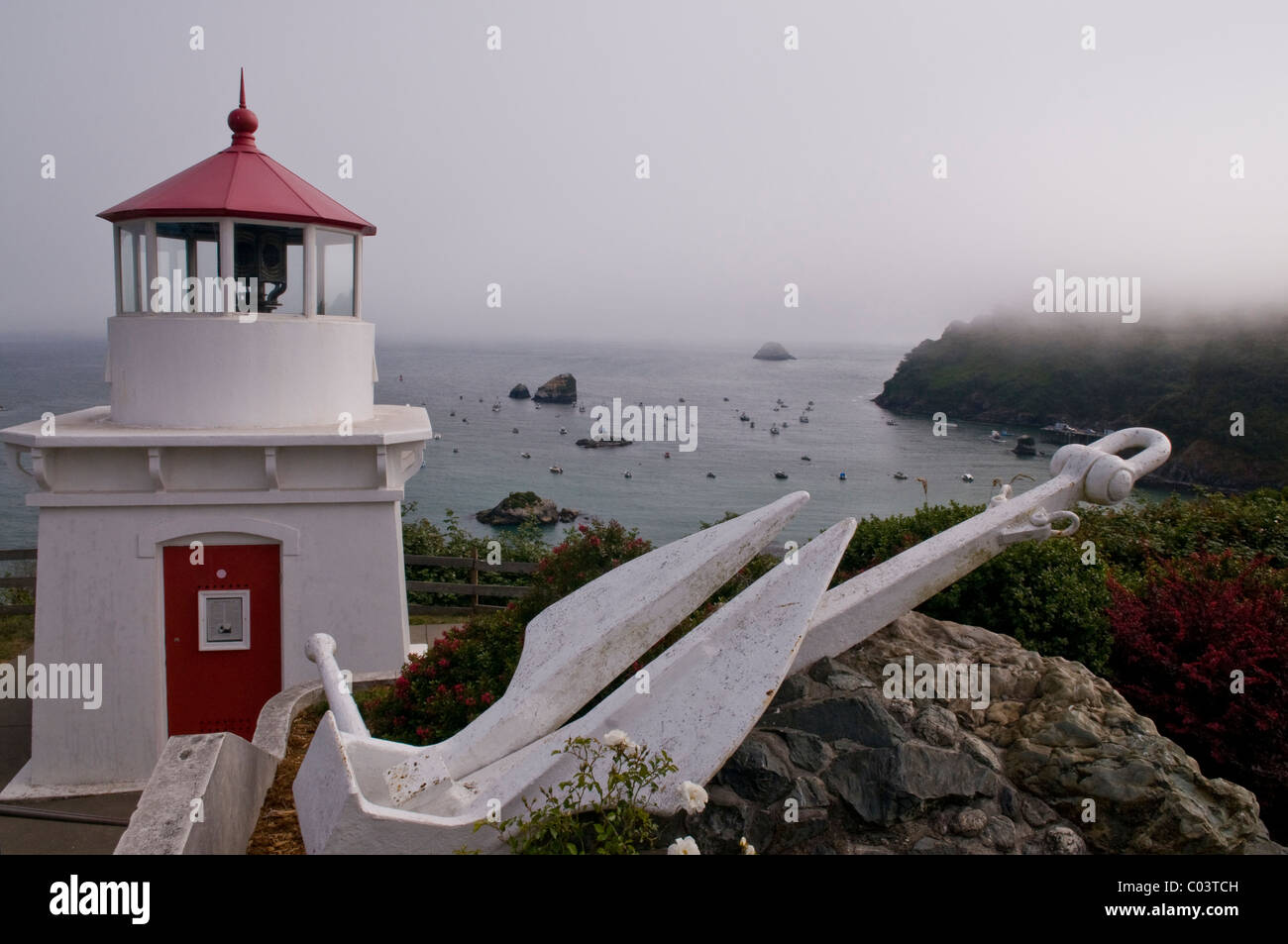 19th century lighthouse and anchor memorial at trinidad bay hires