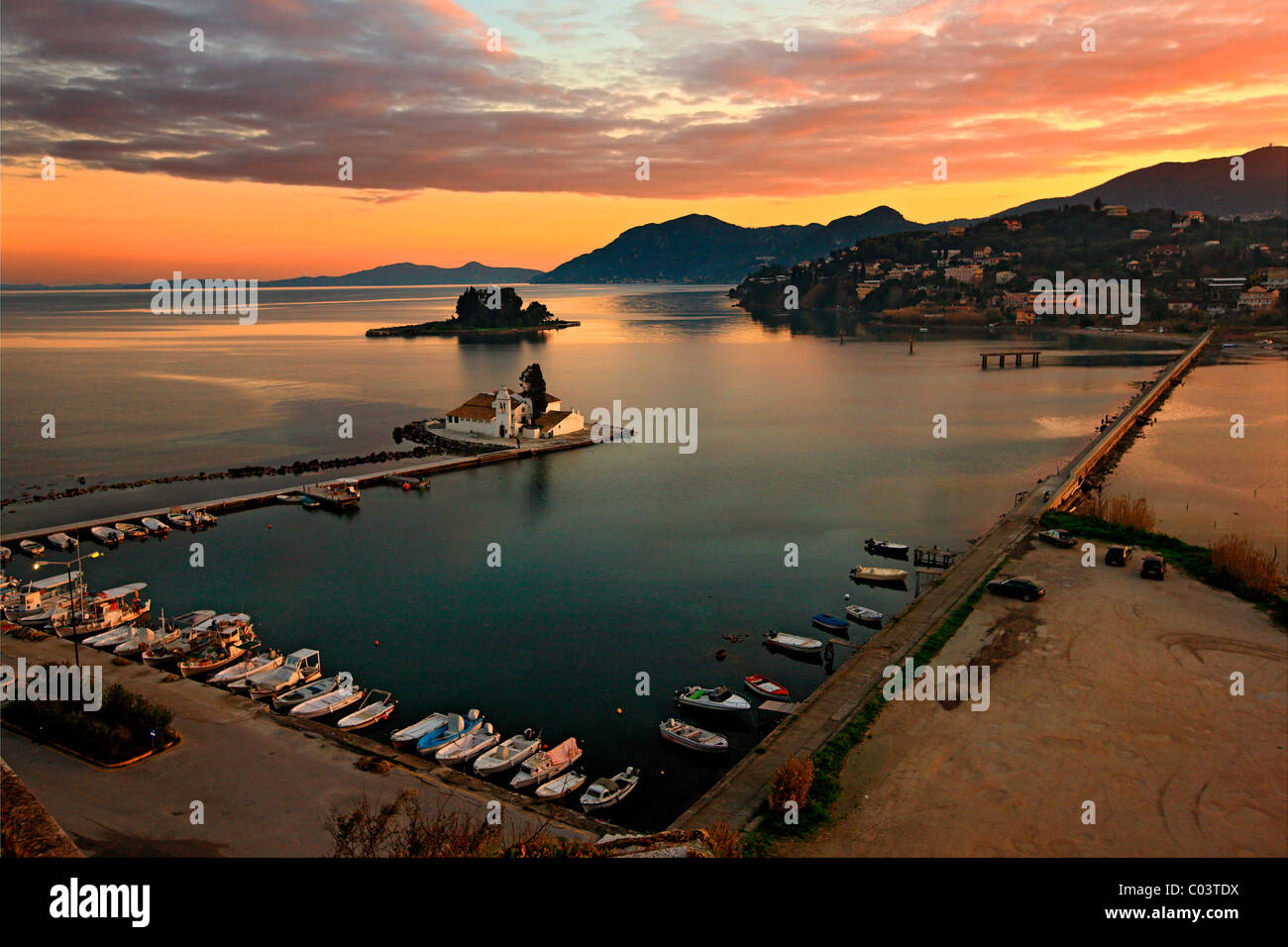 Panoramic view of Vlachernon monastery, Pontikonissi ('mouse island'), and Halikiopoulou lagoon, from Kanoni, Corfu, Greece Stock Photo