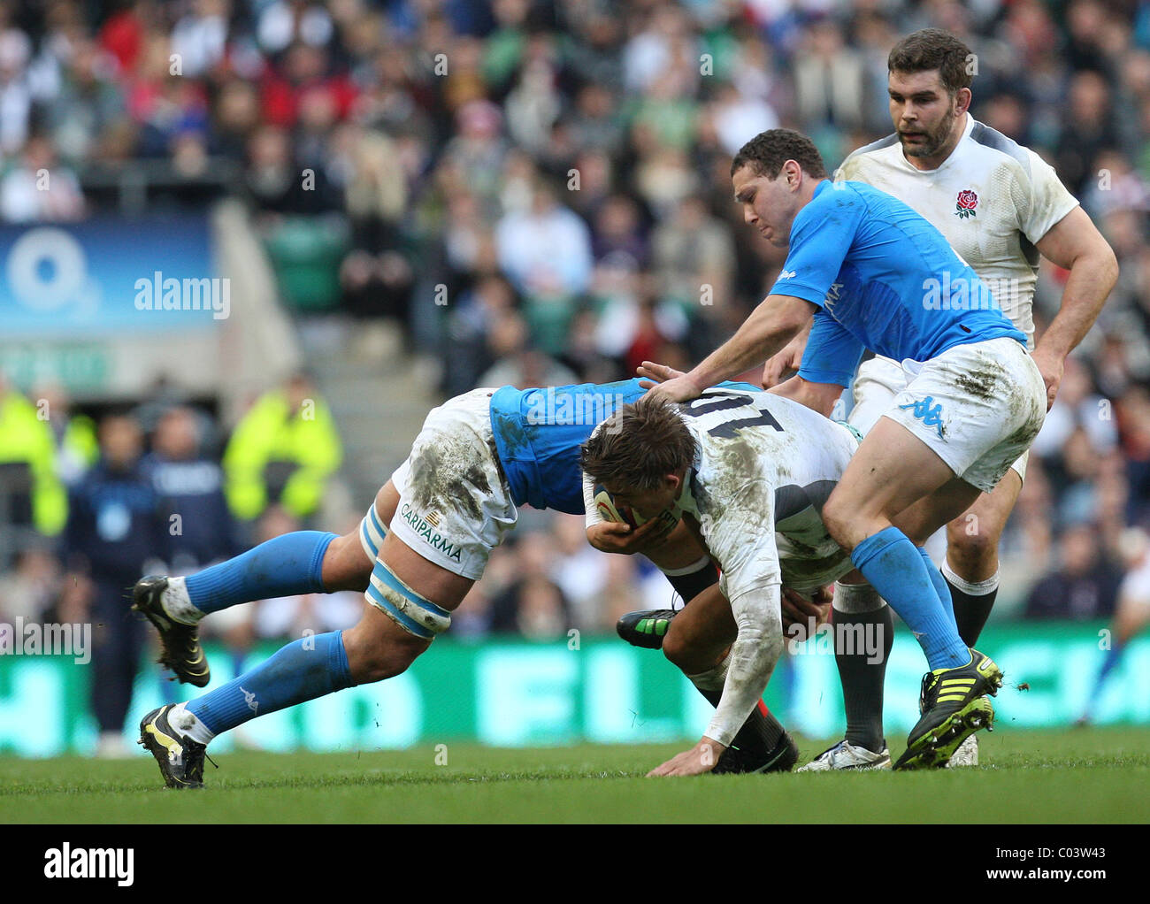 12.02.2011 RBS 6 Nations Rugby Union from Twickenham. England v Italy. T. Flood (10) of England is tackled during an action. Stock Photo