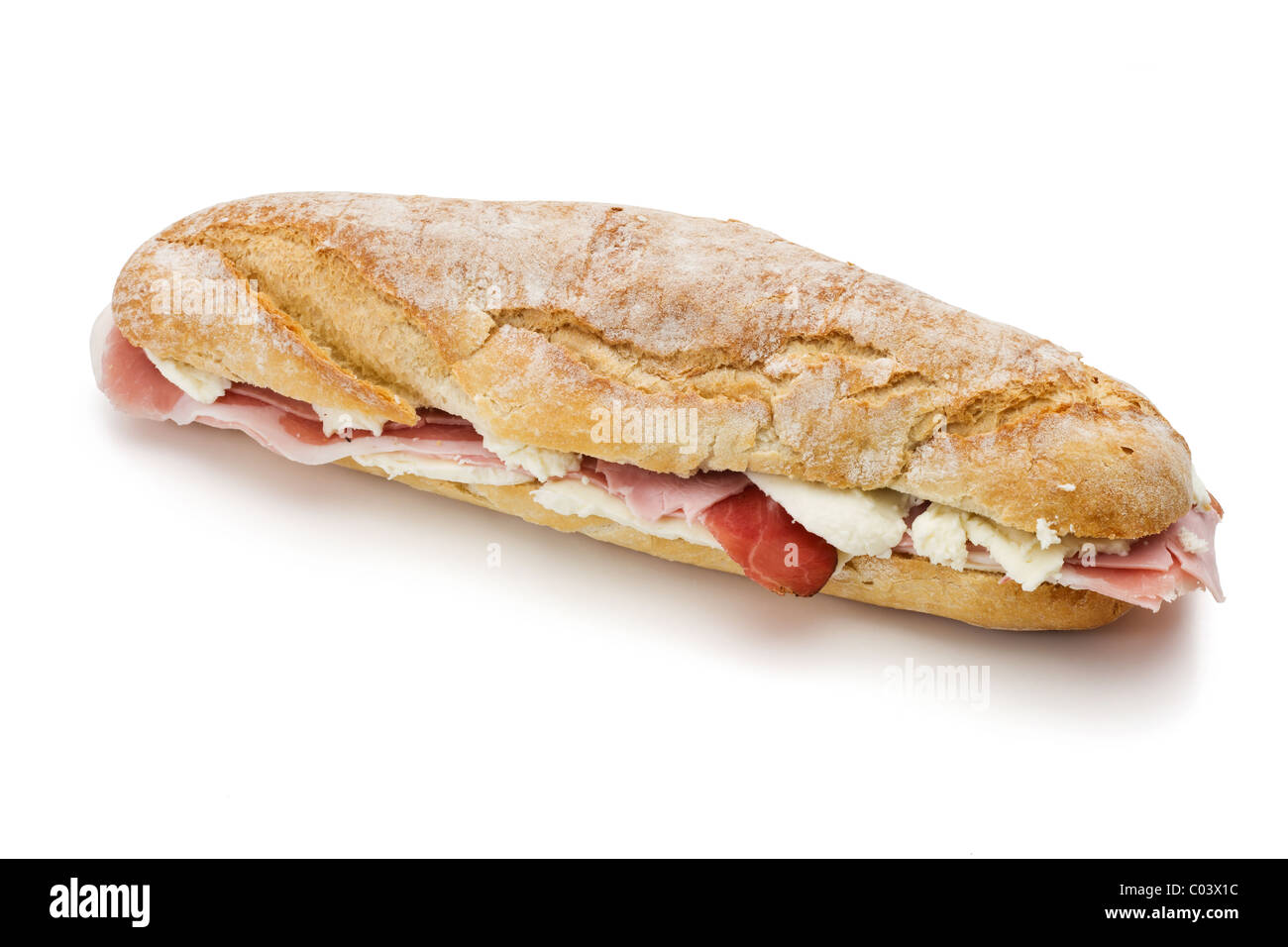 sandwich with mozzarella cheese and ham isolated on white background