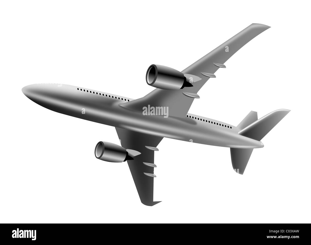 Illustration of passenger jumbo jet plane flying overhead isolated on white background Stock Photo