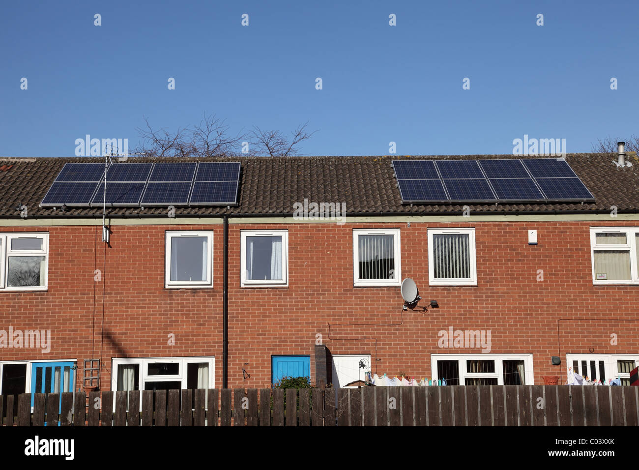 Solar panels on a local council social housing in Nottingham, England, U.K. Stock Photo