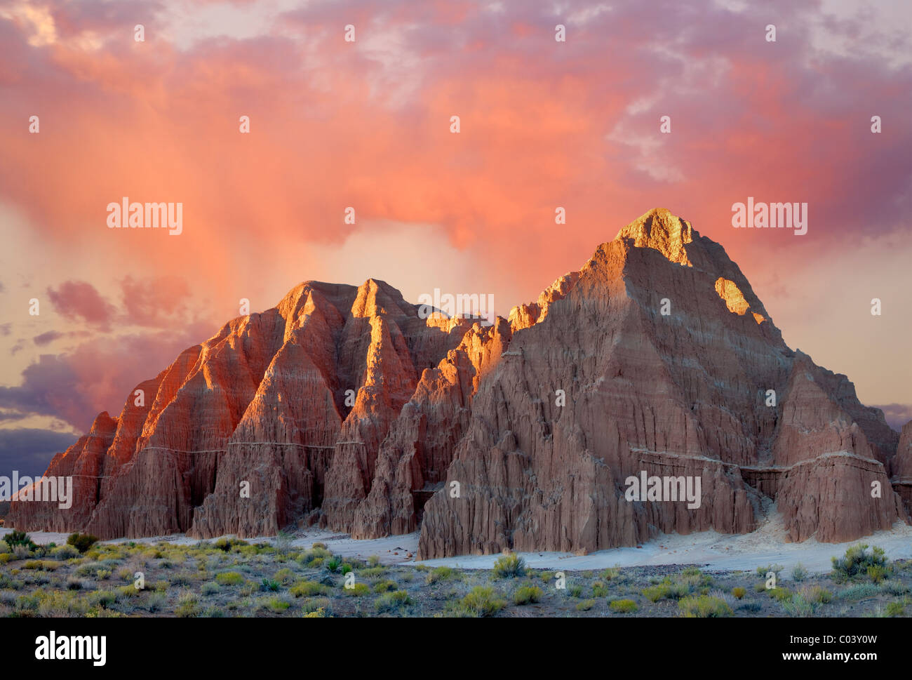 Eroded clay formations at sunrise. Cathedral Gorge State Park, Nevada Stock Photo