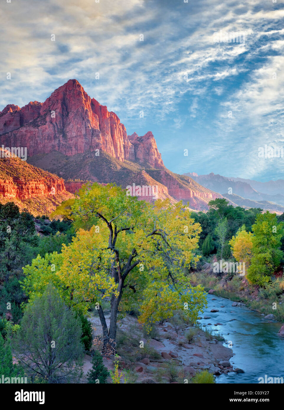 Fall color and Virgin River. Zion National Park, Utah. Sky has been added Stock Photo