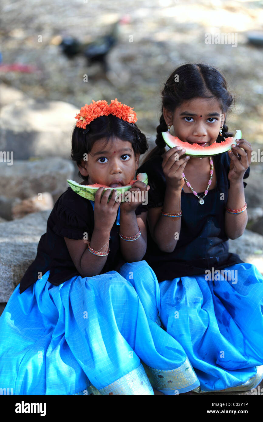 Indian girl eating a slice watermelon Andhra Pradesh South India Stock ...
