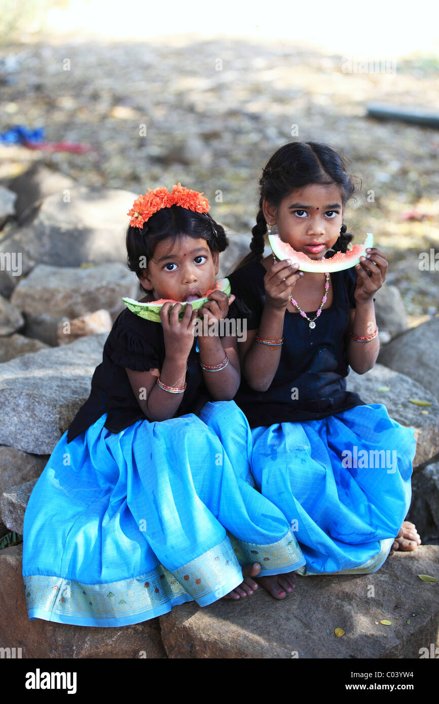Indian girl eating a slice watermelon Andhra Pradesh South India Stock ...