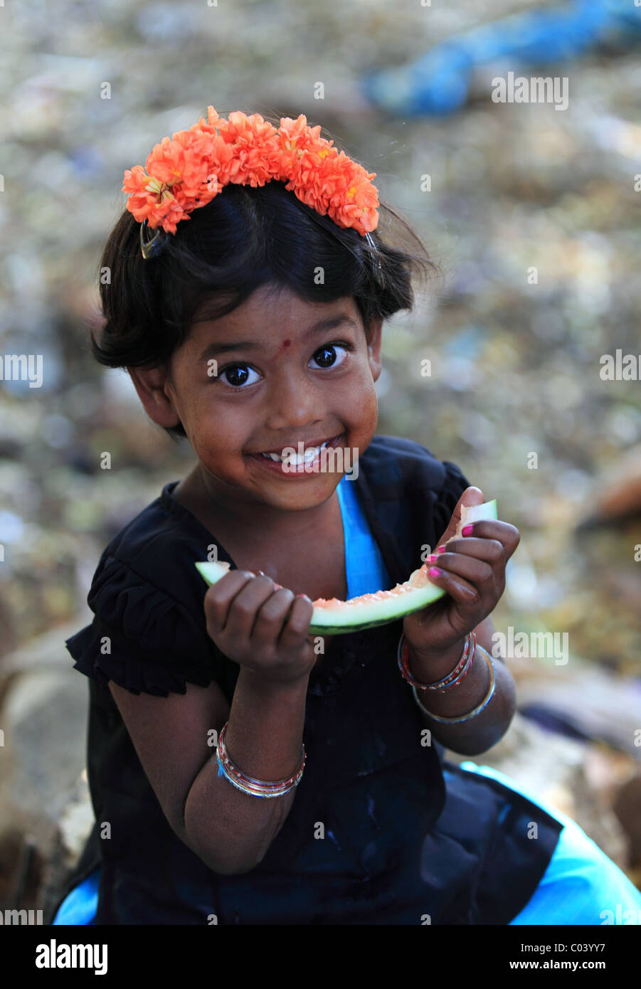 Indian girl eating a slice watermelon Andhra Pradesh South India Stock ...