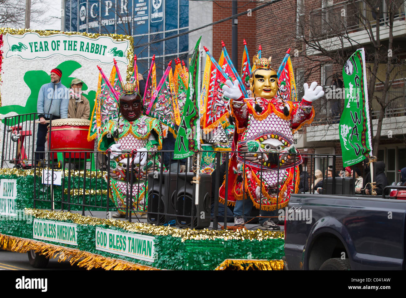 God Bless Taiwan float carrying two Buddhas in the 2011 Lunar New Year Parade in Flushing, Queens, New York Stock Photo