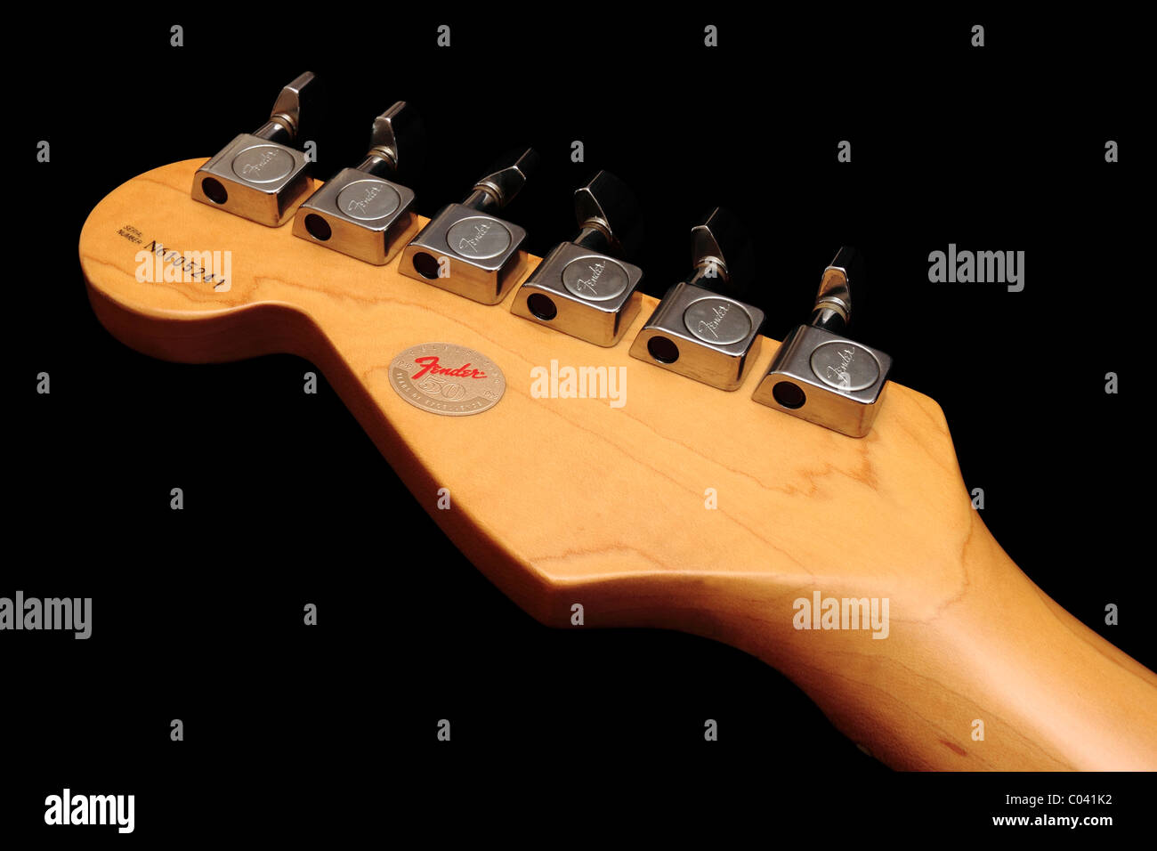 Fender American Standard Stratocaster headstock on black background Stock Photo