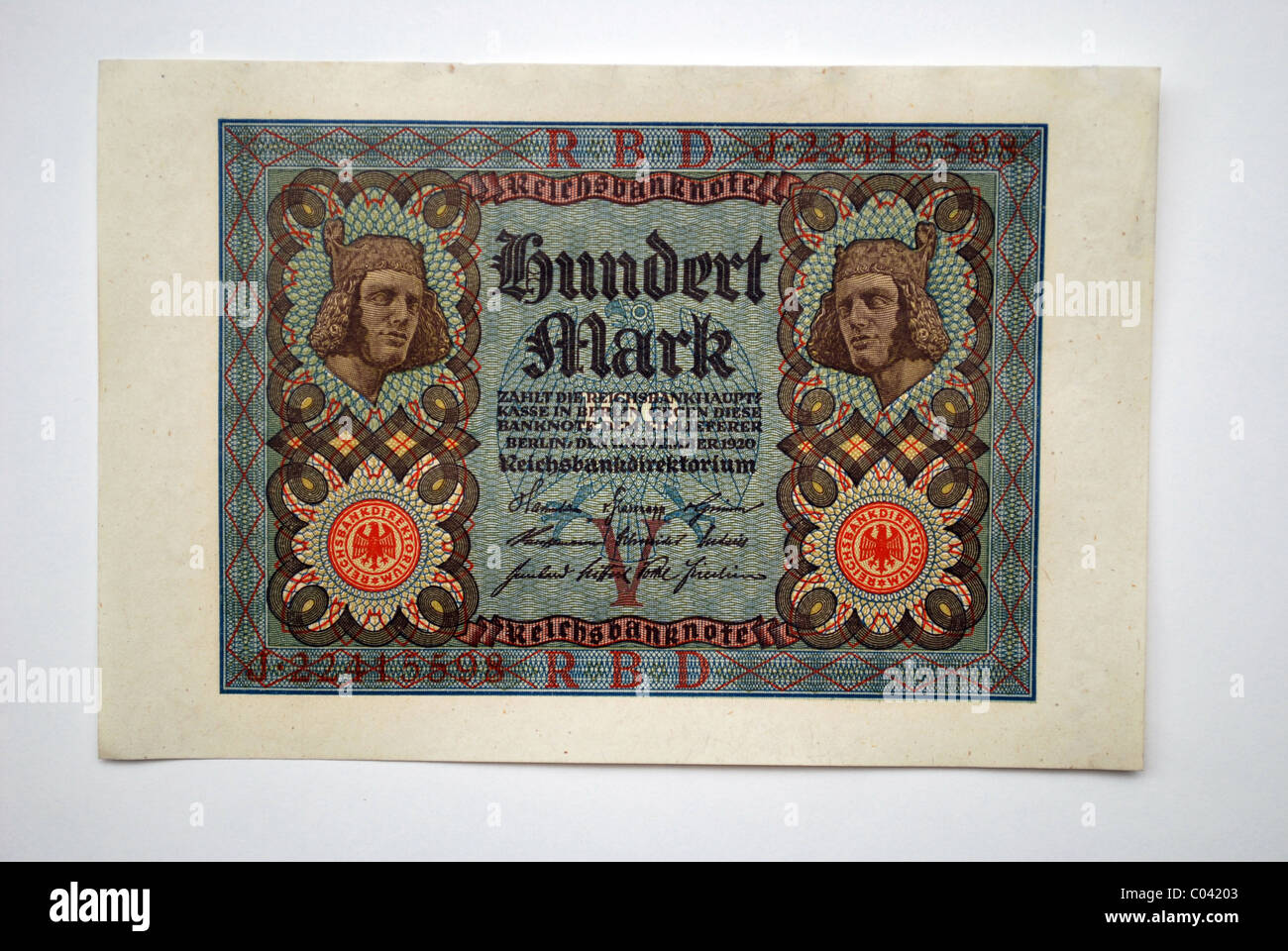 German paper money, one hundred 'Deutsche Reichsmark' from 1920. Stock Photo