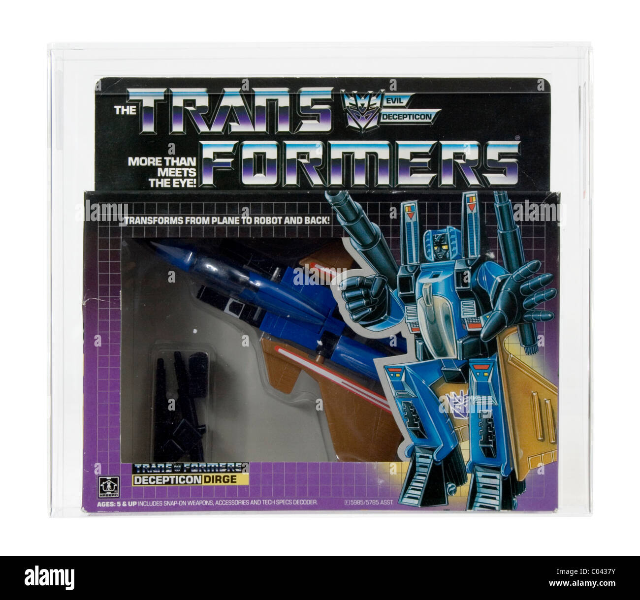 1985 Hasbro Transformers Series 2 Jet Dirge AFA 75 EX+/NM (Excellent+/Near Mint) Sub Grades: Box 75, Window 85, Figure 90. Stock Photo