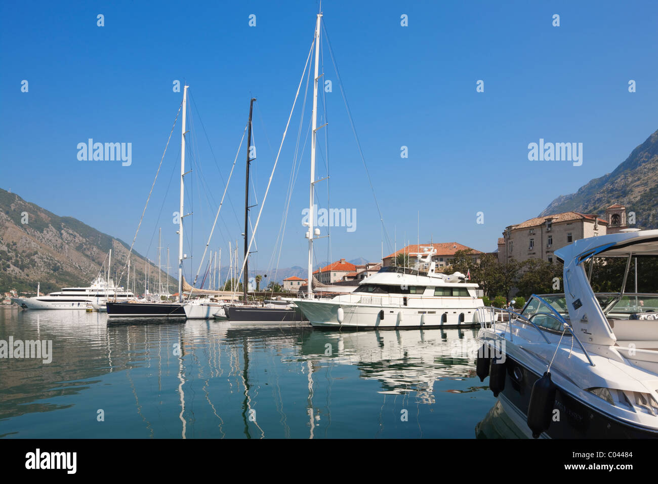 Yachts in harbour, Kotor, Boka Kotorska, Montenegro Stock Photo
