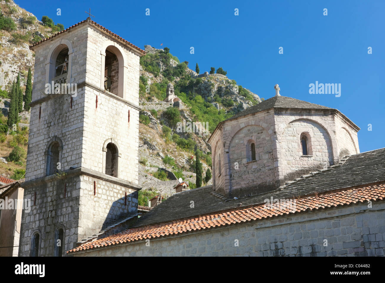 Church of St Mary, city wall in background, Kotor, Boka Kotorska, Montenegro Stock Photo