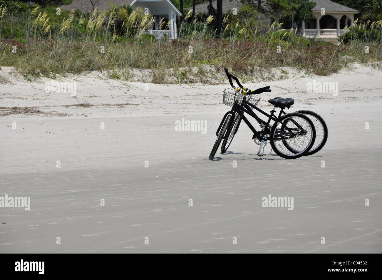 Two unused bikes on the beach on Hilton Head Island in South Carolina